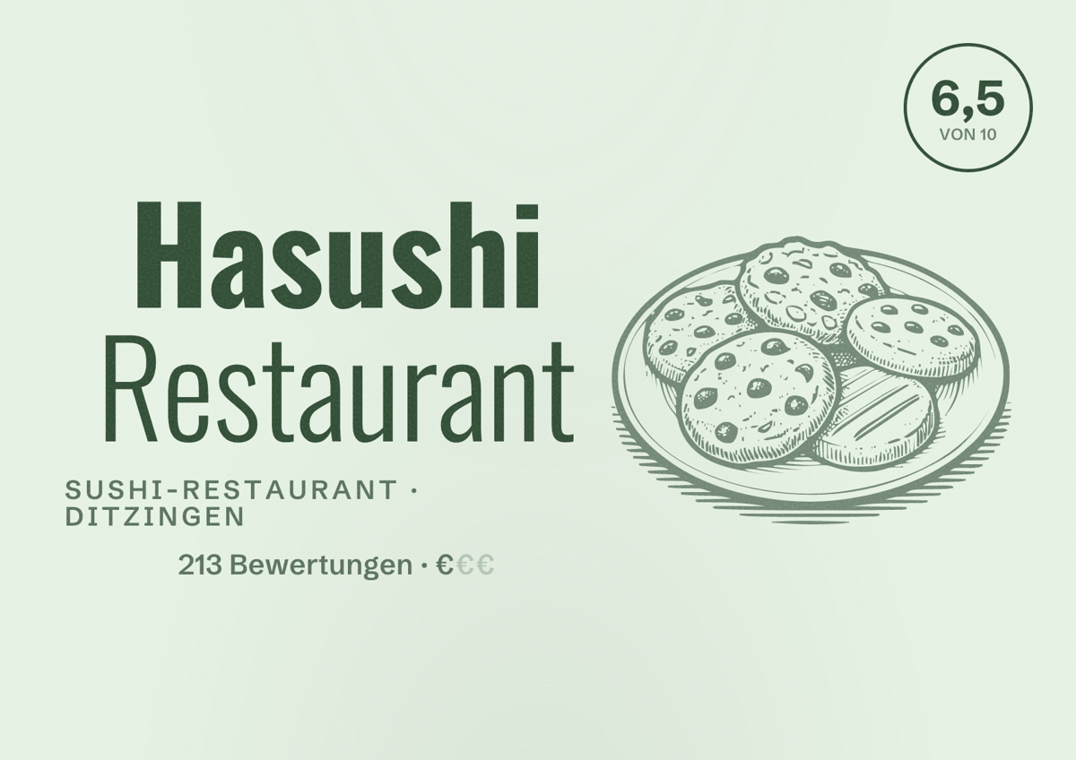 Illustriertes Poster von Hasushi Restaurant, Sushi-Restaurant in Ditzingen: Bewertung 6,5 von 10 aus 213 Bewertungen, Preisniveau €