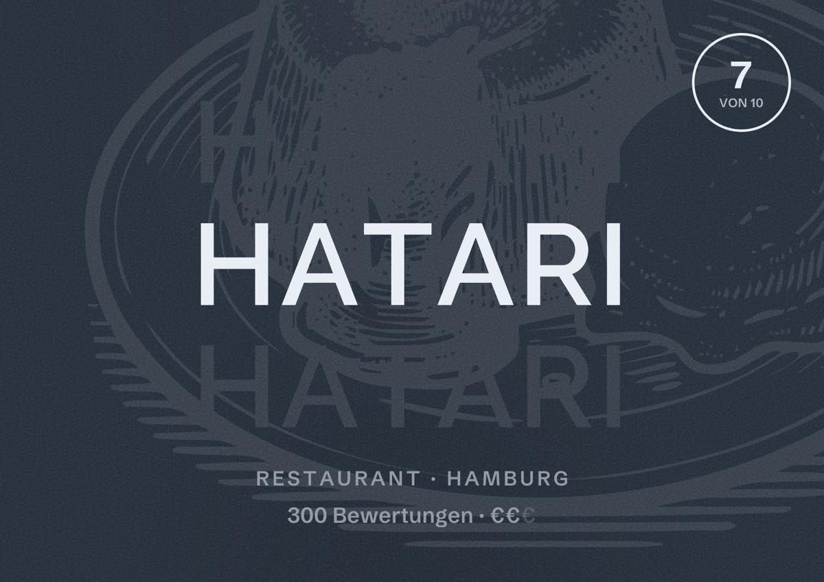 Illustriertes Poster von HATARI, Restaurant in Hamburg: Bewertung 7,0 von 10 aus 300 Bewertungen, Preisniveau €€