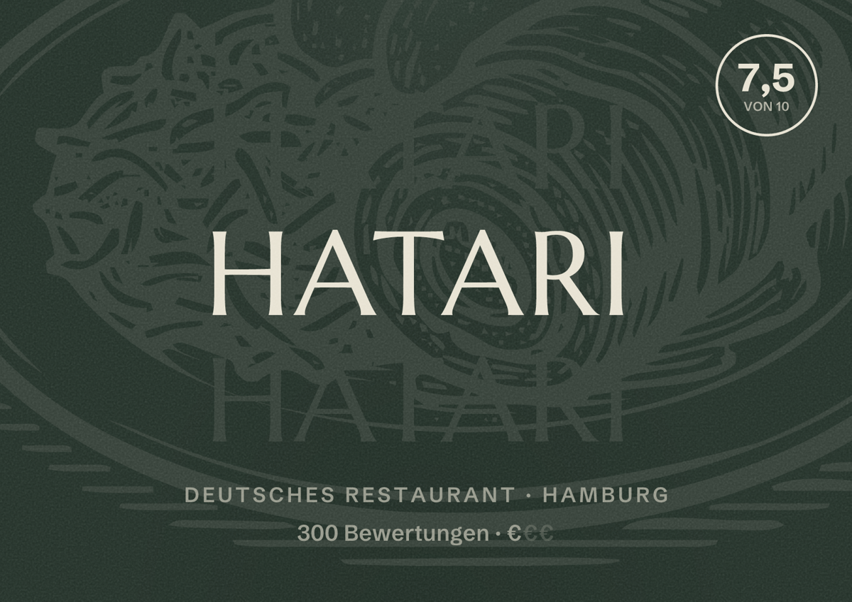 Illustriertes Poster von Hatari, Deutsches Restaurant in Hamburg: Bewertung 7,5 von 10 aus 300 Bewertungen, Preisniveau €