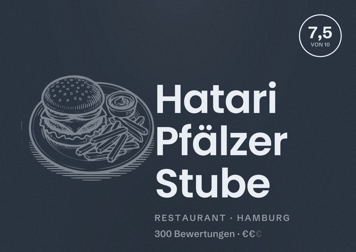 Illustriertes Poster von Hatari Pfälzer Stube, Restaurant in Hamburg: Bewertung 7,5 von 10 aus 300 Bewertungen, Preisniveau €€