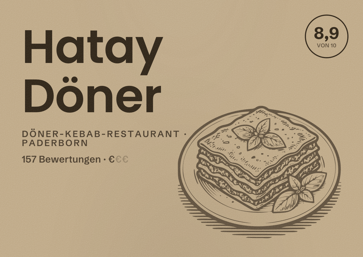 Illustriertes Poster von Hatay Döner, Döner-Kebab-Restaurant in Paderborn: Bewertung 8,9 von 10 aus 157 Bewertungen, Preisniveau €