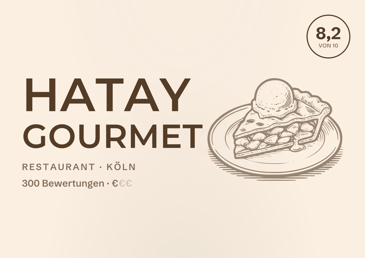 Illustriertes Poster von Hatay Gourmet, Restaurant in Köln: Bewertung 8,2 von 10 aus 300 Bewertungen, Preisniveau €
