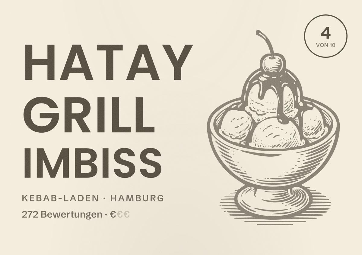 Illustriertes Poster von Hatay Grill Imbiss, Kebab-Laden in Hamburg: Bewertung 4,0 von 10 aus 272 Bewertungen, Preisniveau €
