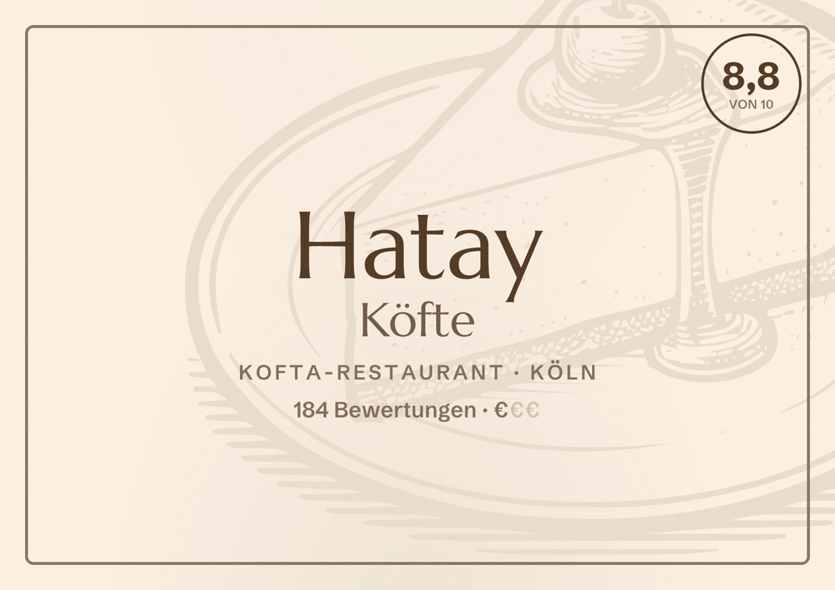 Illustriertes Poster von Hatay Köfte, Kofta-Restaurant in Köln: Bewertung 8,8 von 10 aus 184 Bewertungen, Preisniveau €