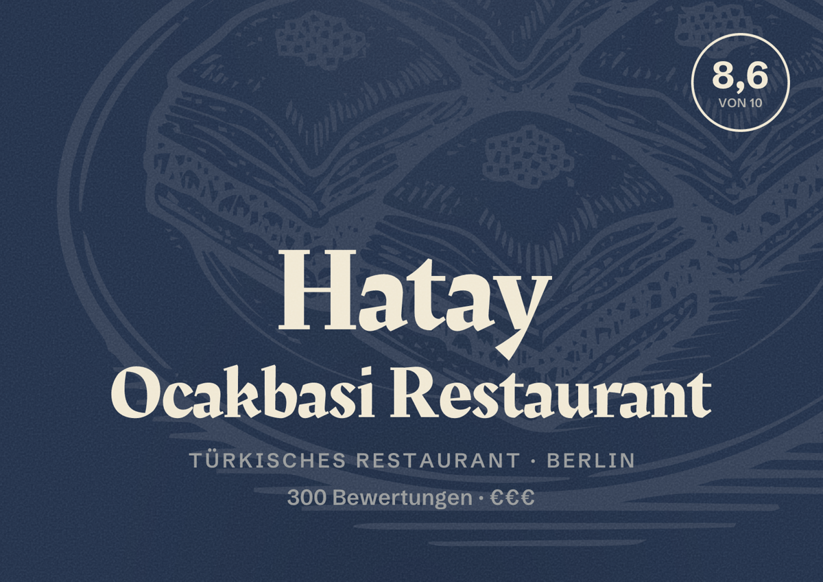 Illustriertes Poster von Hatay Ocakbasi Restaurant, Türkisches Restaurant in Berlin: Bewertung 8,6 von 10 aus 300 Bewertungen, Preisniveau €€€