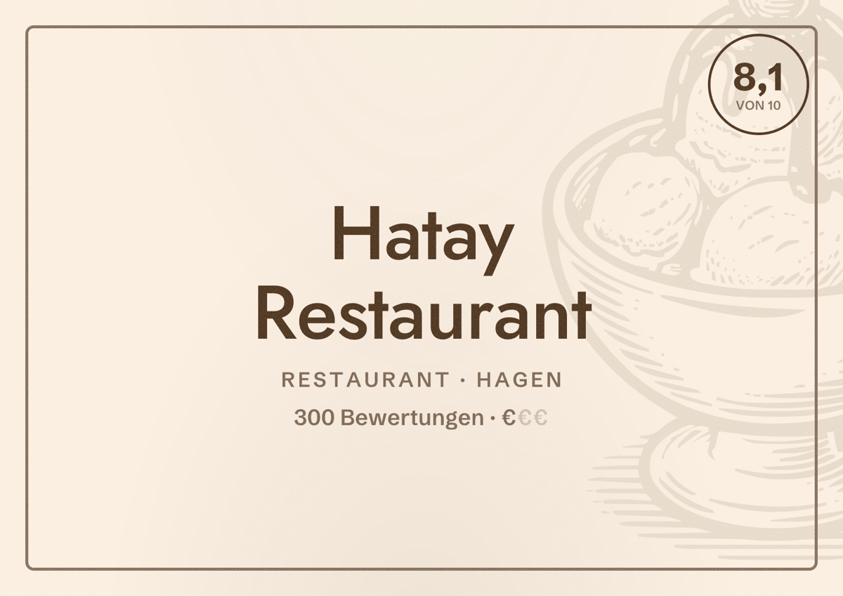 Illustriertes Poster von Hatay Restaurant, Restaurant in Hagen: Bewertung 8,1 von 10 aus 300 Bewertungen, Preisniveau €
