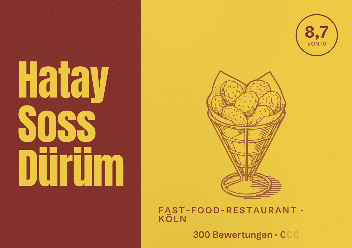 Illustriertes Poster von Hatay Soss Dürüm, Fast-Food-Restaurant in Köln: Bewertung 8,7 von 10 aus 300 Bewertungen, Preisniveau €