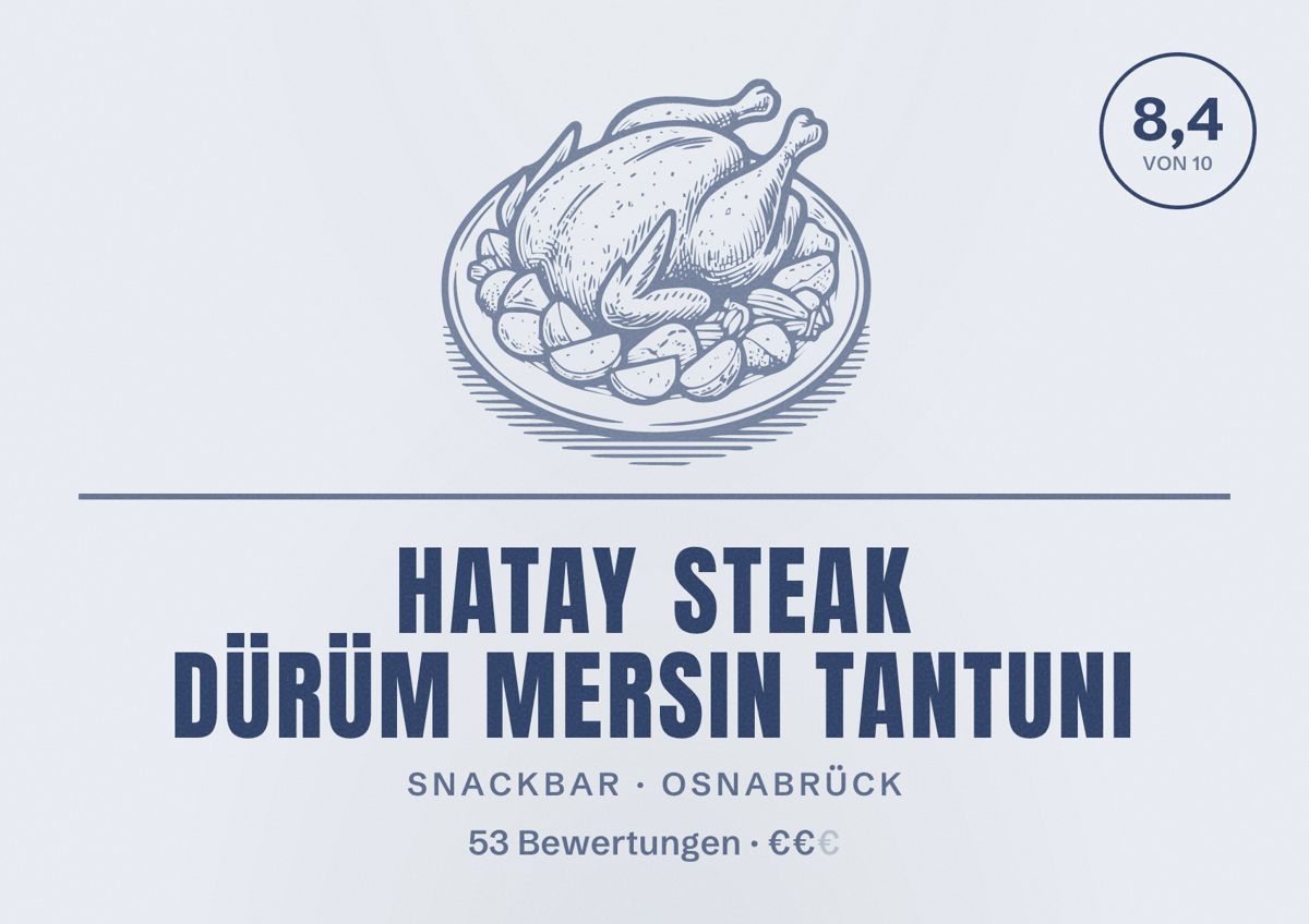 Illustriertes Poster von Hatay Steak Dürüm Mersin Tantuni, Snackbar in Osnabrück: Bewertung 8,4 von 10 aus 53 Bewertungen, Preisniveau €€
