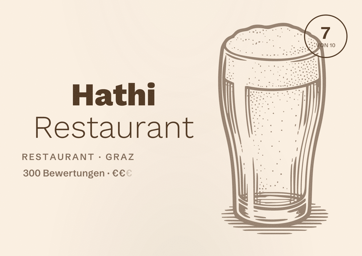 Illustriertes Poster von Hathi Restaurant, Restaurant in Graz: Bewertung 7 von 10 aus 300 Bewertungen, Preisniveau €€