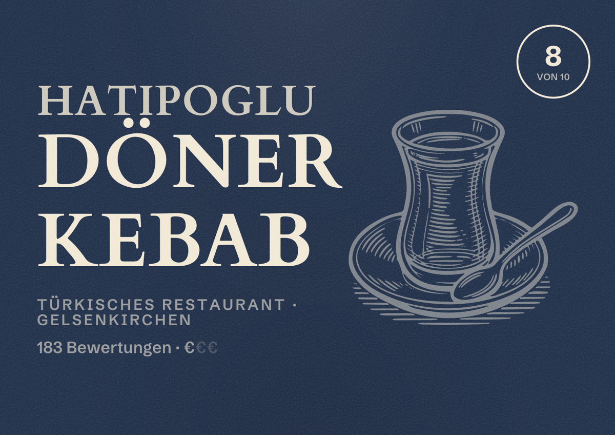 Illustriertes Poster von Hatipoglu Döner Kebab, Türkisches Restaurant in Gelsenkirchen: Bewertung 8 von 10 aus 183 Bewertungen, Preisniveau €