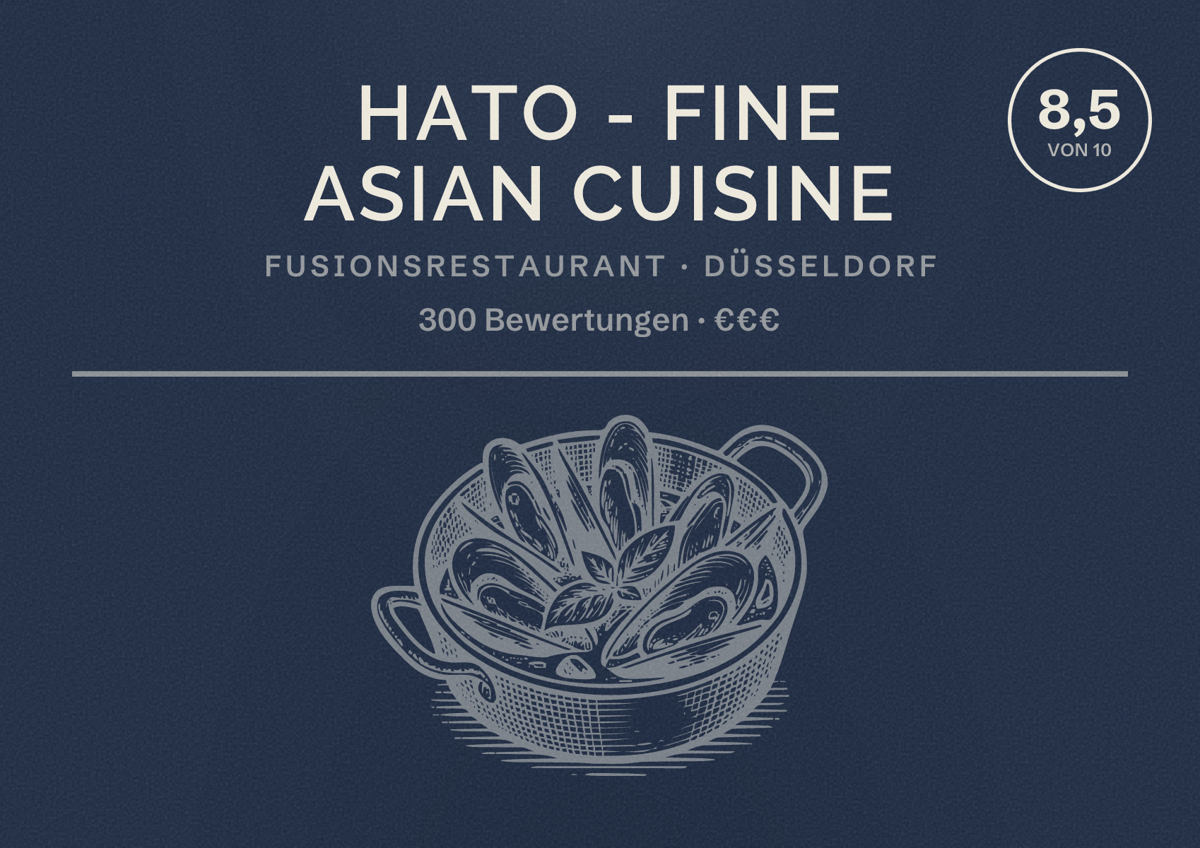 Illustriertes Poster von HATO - Fine Asian Cuisine, Fusionsrestaurant in Düsseldorf: Bewertung 8,5 von 10 aus 300 Bewertungen, Preisniveau €€€