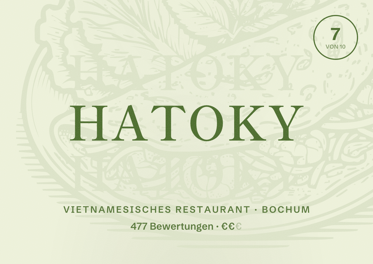 Illustriertes Poster von Hatoky, Vietnamesisches Restaurant in Bochum: Bewertung 7 von 10 aus 477 Bewertungen, Preisniveau €€