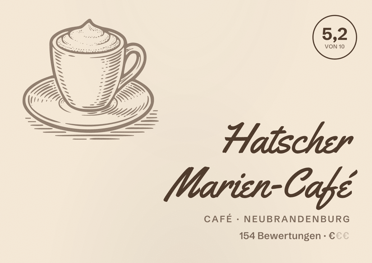 Illustriertes Poster von Hatscher Marien-Café, Café in Neubrandenburg: Bewertung 5,2 von 10 aus 154 Bewertungen, Preisniveau €