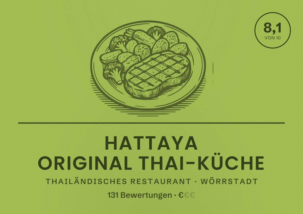 Illustriertes Poster von Hattaya original Thai-Küche, Thailändisches Restaurant in Wörrstadt: Bewertung 8,1 von 10 aus 131 Bewertungen, Preisniveau €