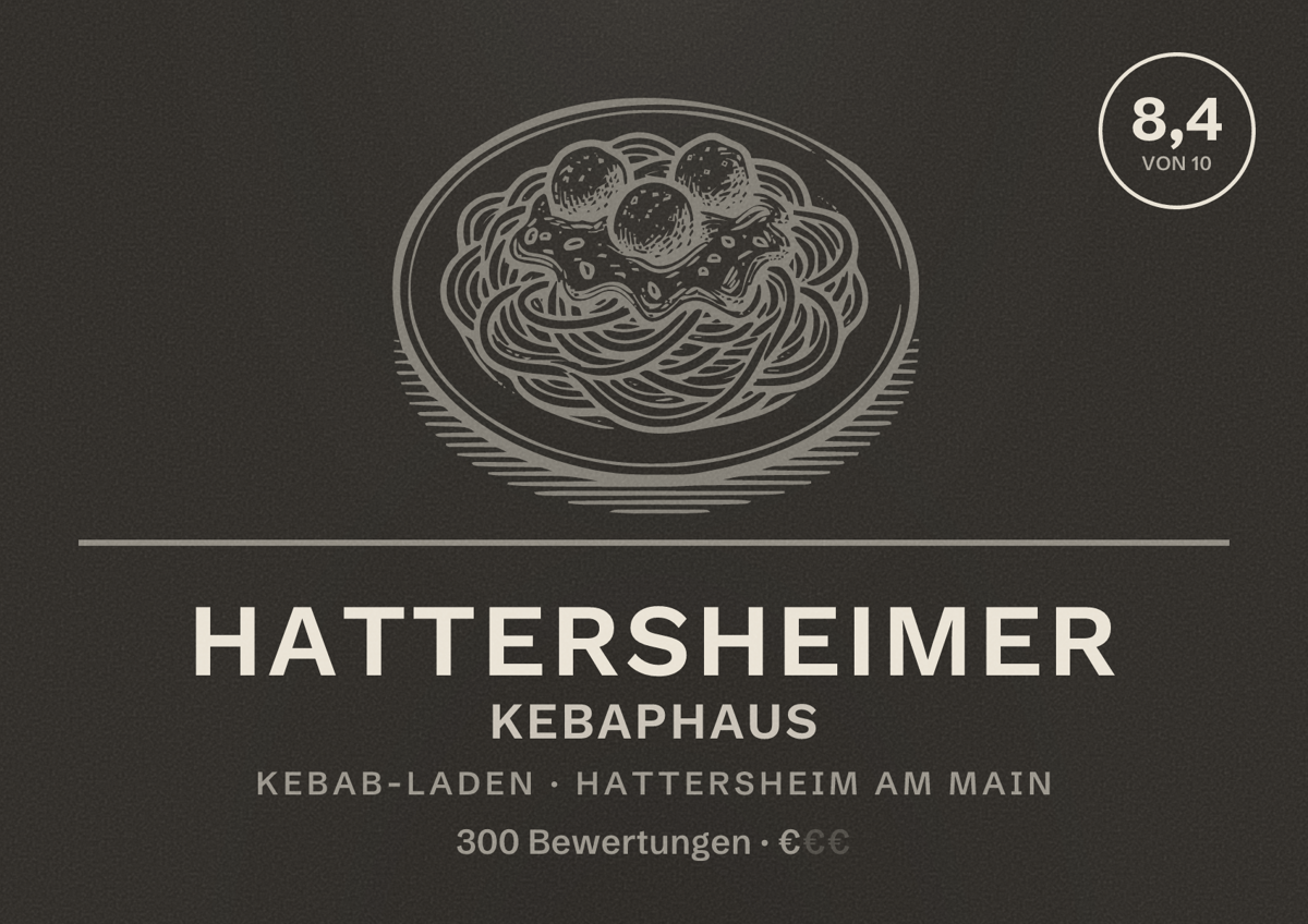 Illustriertes Poster von Hattersheimer Kebaphaus, Kebab-Laden in Hattersheim am Main: Bewertung 8,4 von 10 aus 300 Bewertungen, Preisniveau €