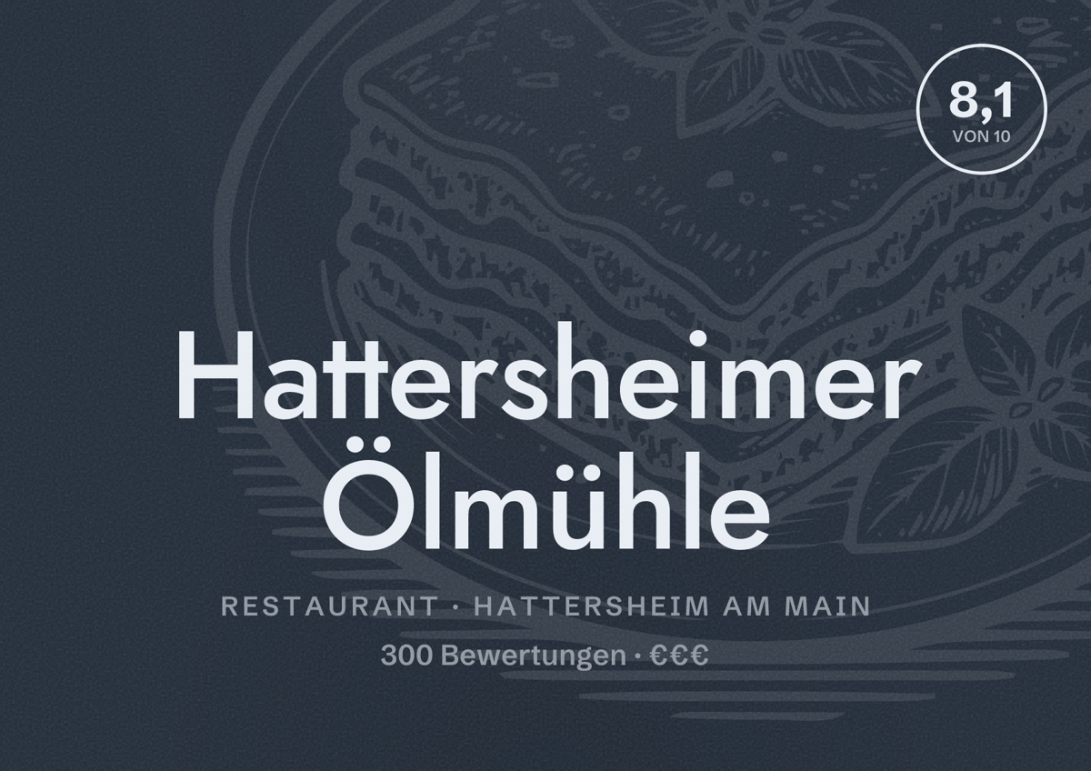 Illustriertes Poster von Hattersheimer Ölmühle, Restaurant in Hattersheim am Main: Bewertung 8,1 von 10 aus 300 Bewertungen, Preisniveau €€€