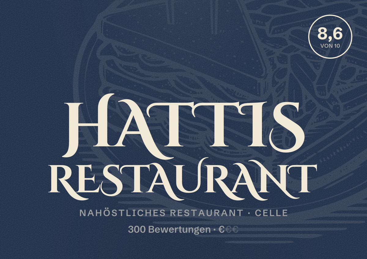 Illustriertes Poster von Hattis Restaurant, Nahöstliches Restaurant in Celle: Bewertung 8,6 von 10 aus 300 Bewertungen, Preisniveau €