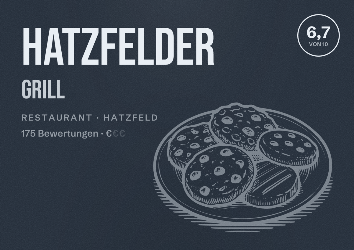 Illustriertes Poster von Hatzfelder Grill, Restaurant in Hatzfeld: Bewertung 6,7 von 10 aus 175 Bewertungen, Preisniveau €