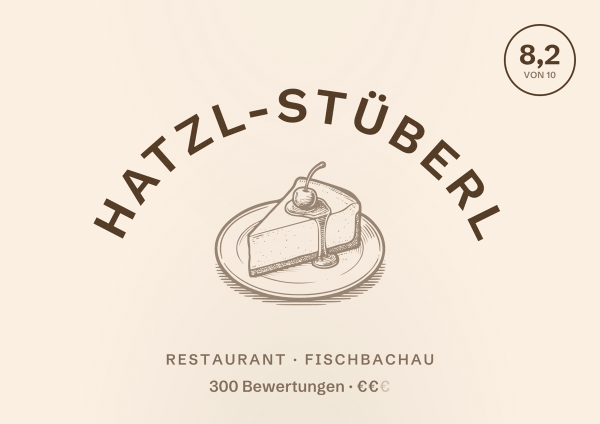 Illustriertes Poster von Hatzl-Stüberl, Restaurant in Fischbachau: Bewertung 8,2 von 10 aus 300 Bewertungen, Preisniveau €€