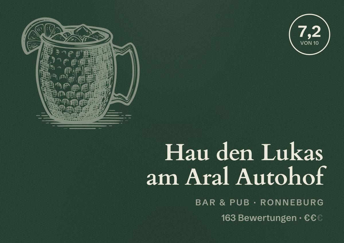 Illustriertes Poster von Hau den Lukas am Aral Autohof, Bar & Pub in Ronneburg: Bewertung 7,2 von 10 aus 163 Bewertungen, Preisniveau €€