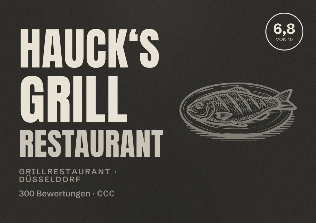 Illustriertes Poster von HAUCK‘s GRILL RESTAURANT, Grillrestaurant in Düsseldorf: Bewertung 6,8 von 10 aus 300 Bewertungen, Preisniveau €€€