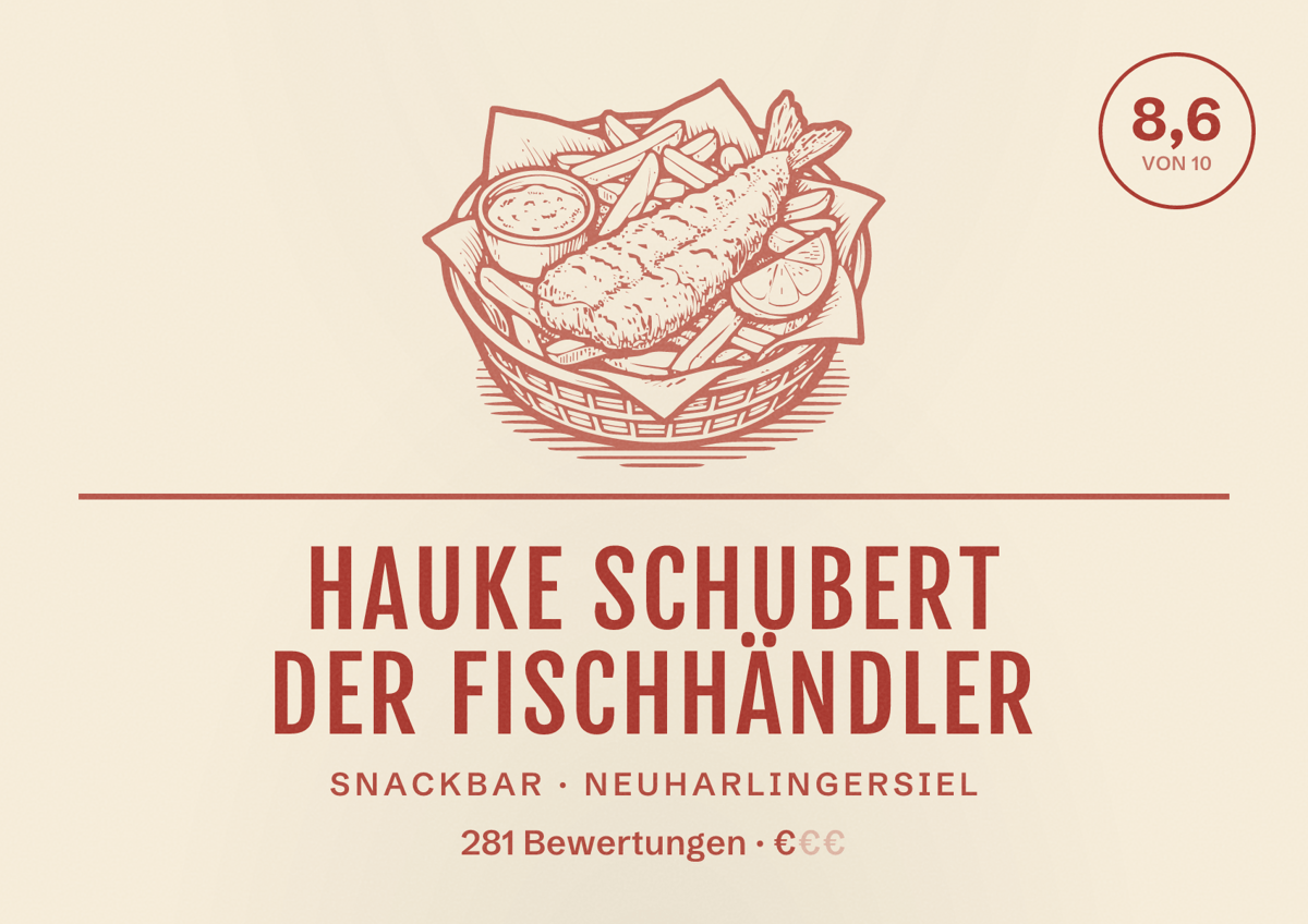 Illustriertes Poster von Hauke Schubert Der Fischhändler, Snackbar in Neuharlingersiel: Bewertung 8,6 von 10 aus 281 Bewertungen, Preisniveau €