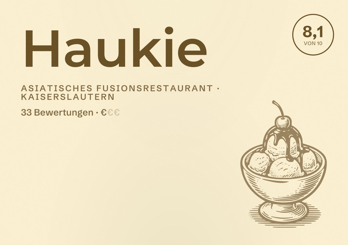 Illustriertes Poster von Haukie, Asiatisches Fusionsrestaurant in Kaiserslautern: Bewertung 8,1 von 10 aus 33 Bewertungen, Preisniveau €