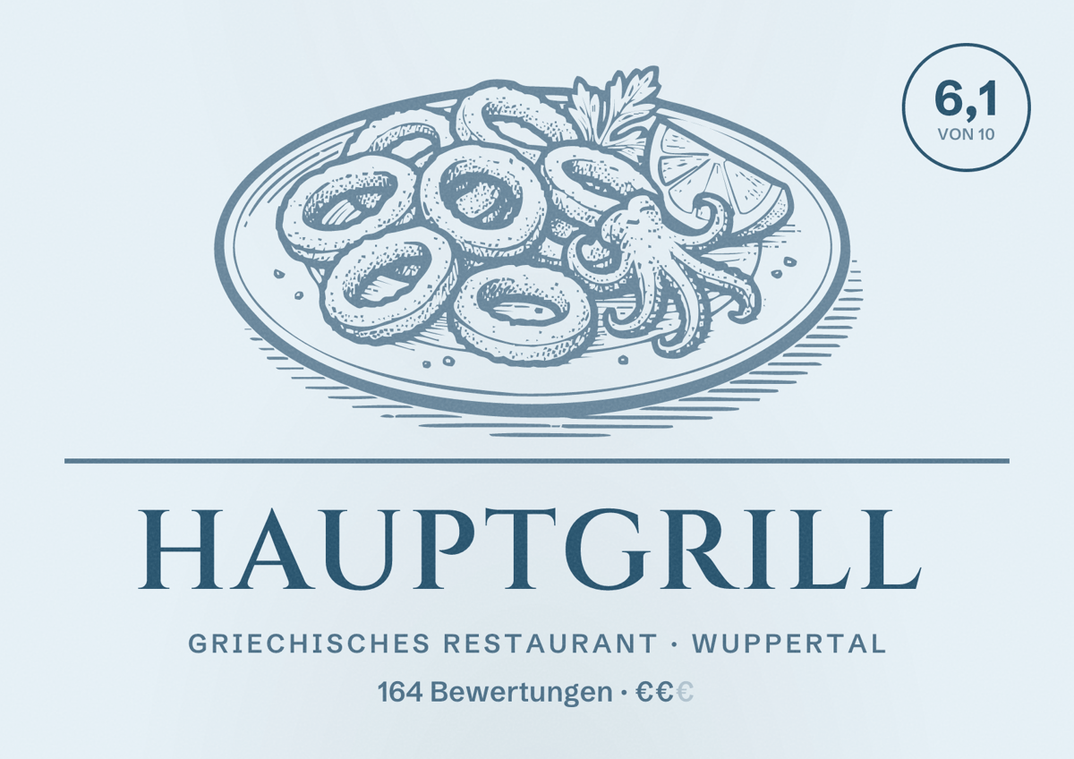 Illustriertes Poster von Hauptgrill, Griechisches Restaurant in Wuppertal: Bewertung 6,1 von 10 aus 164 Bewertungen, Preisniveau €€