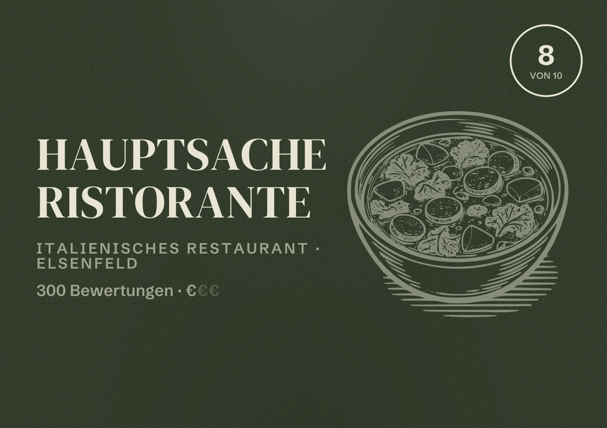 Illustriertes Poster von Hauptsache Ristorante, Italienisches Restaurant in Elsenfeld: Bewertung 8 von 10 aus 300 Bewertungen, Preisniveau €