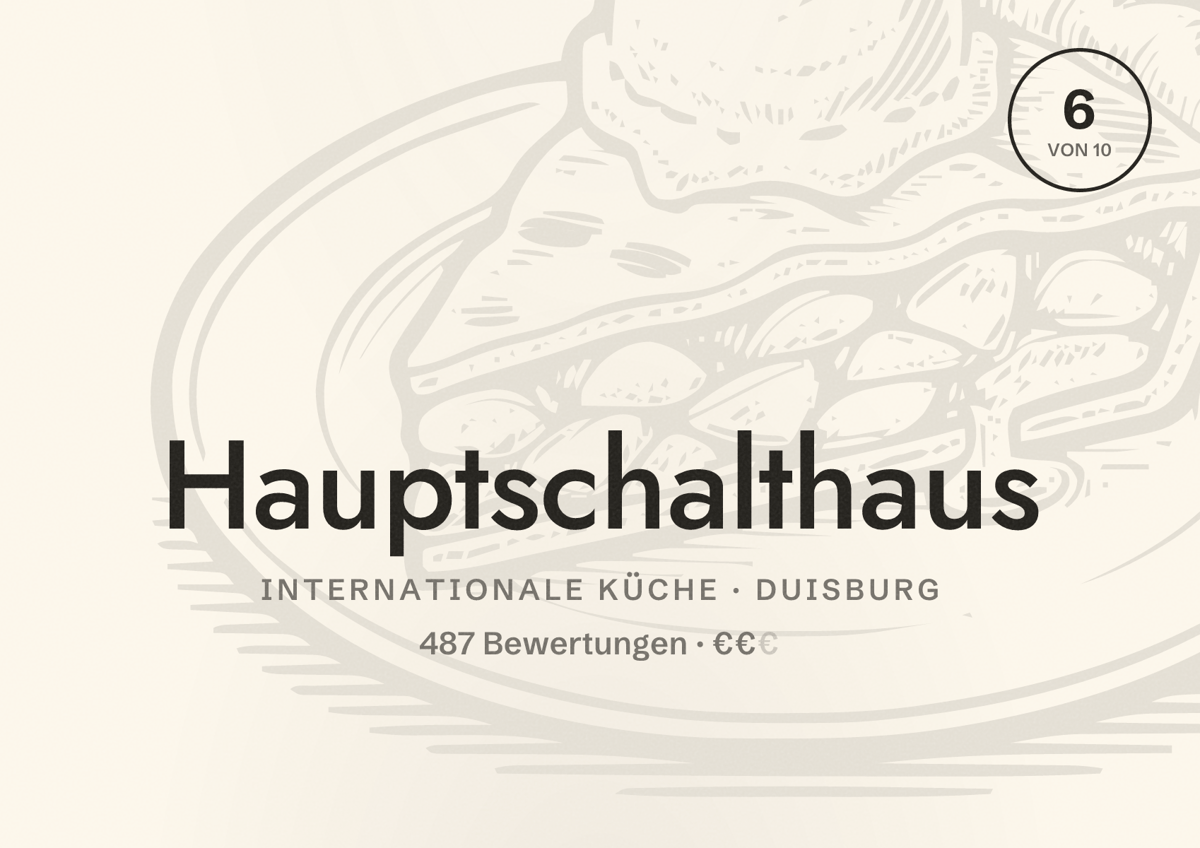 Illustriertes Poster von Hauptschalthaus, Internationale Küche in Duisburg: Gästebewertung 6 von 10 aus 487 Bewertungen