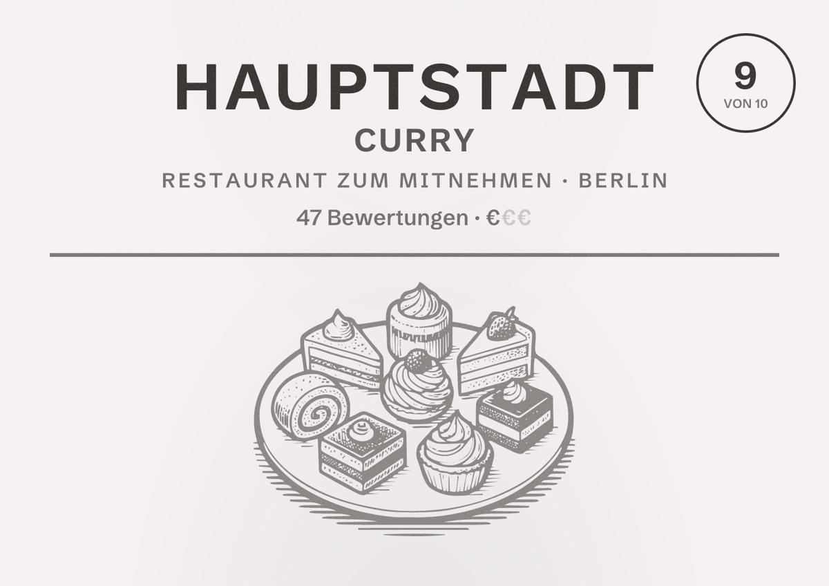Illustriertes Poster von Hauptstadt Curry, Restaurant zum Mitnehmen in Berlin: Bewertung 9,0 von 10 aus 47 Bewertungen, Preisniveau €