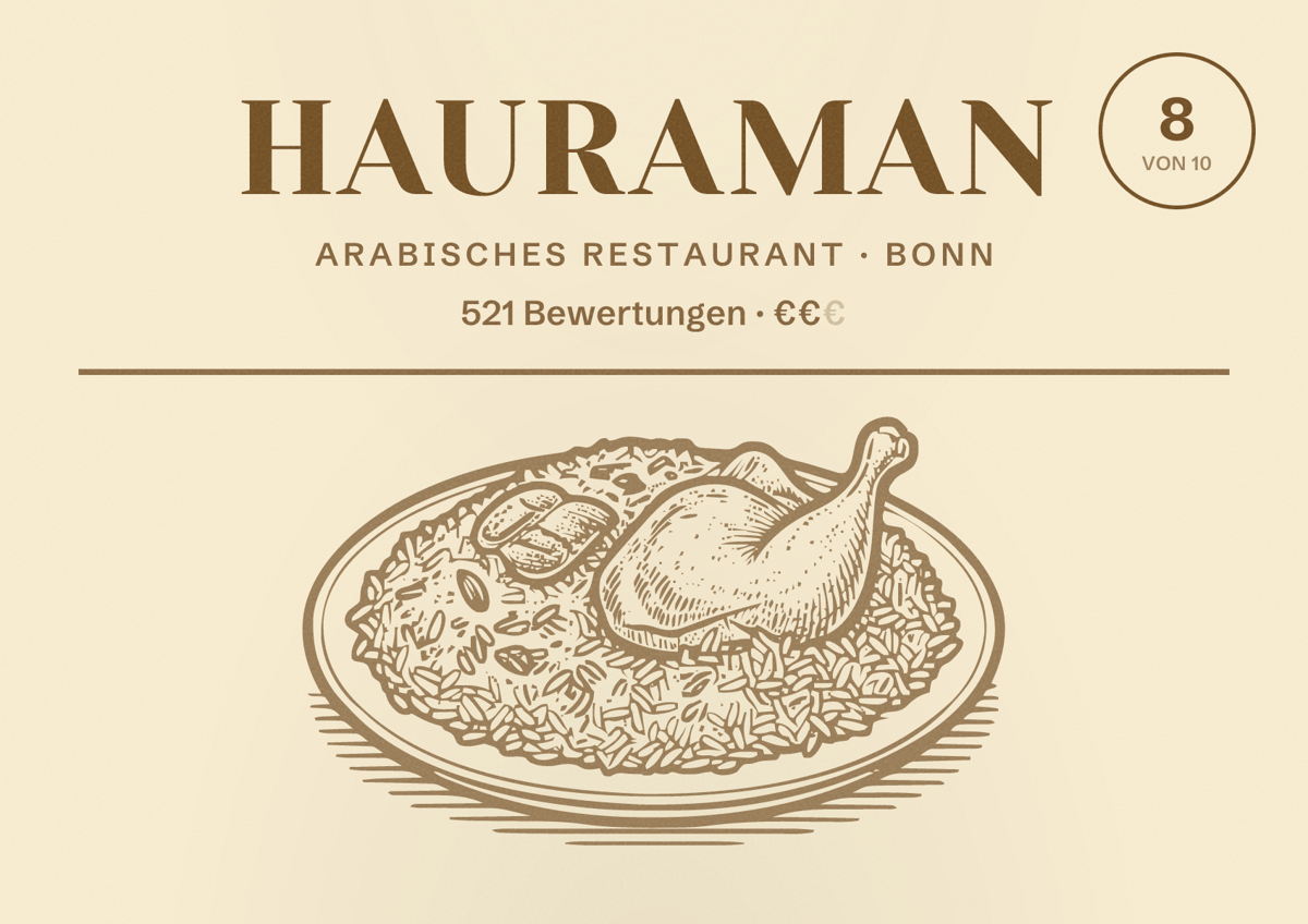Illustriertes Poster von Hauraman, Arabisches Restaurant in Bonn: Bewertung 8 von 10 aus 521 Bewertungen, Preisniveau €€