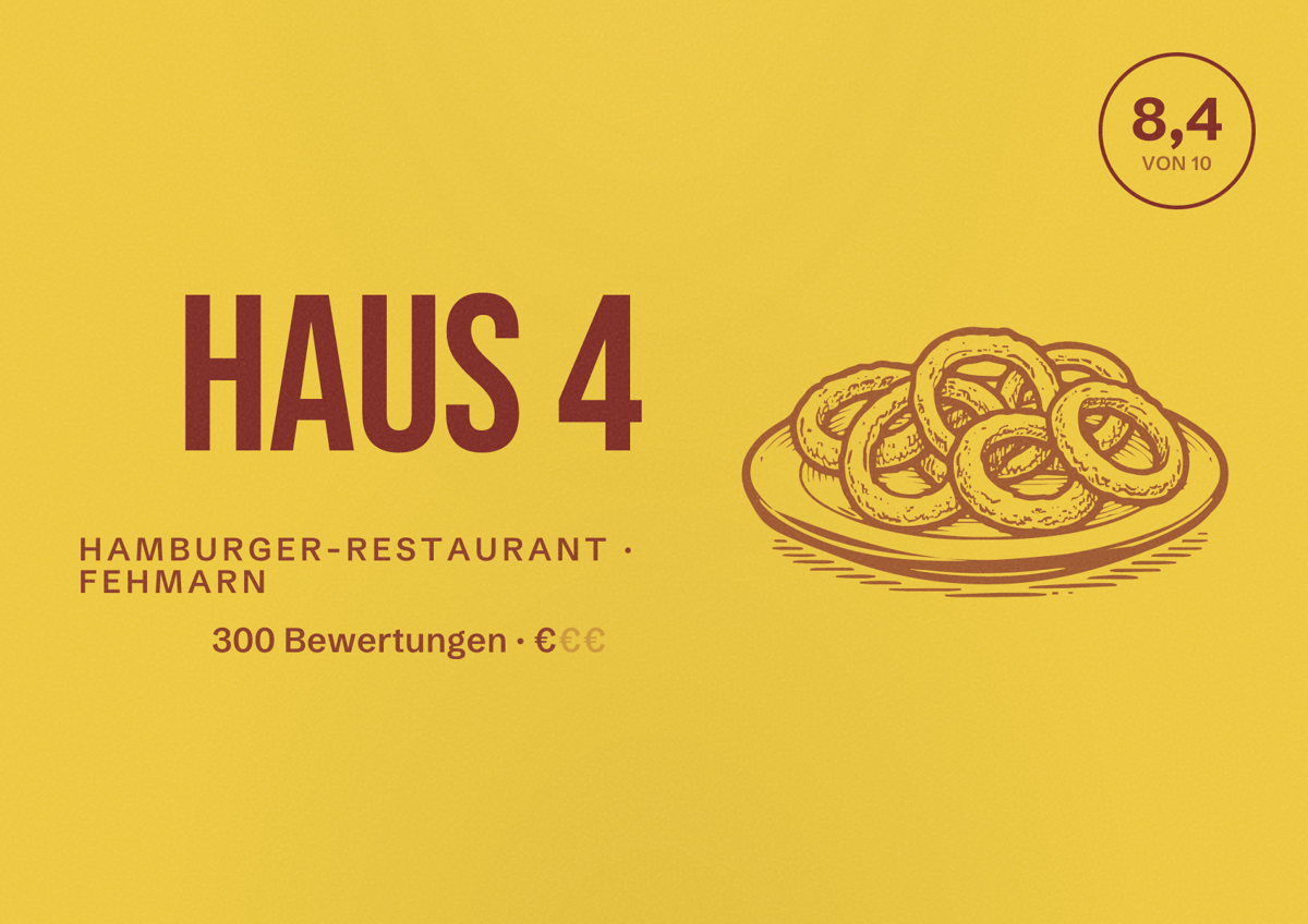 Illustriertes Poster von Haus 4, Hamburger-Restaurant in Fehmarn: Bewertung 8,4 von 10 aus 300 Bewertungen, Preisniveau €