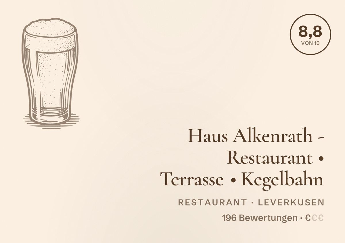Illustriertes Poster von Haus Alkenrath - Restaurant • Terrasse • Kegelbahn, Restaurant in Leverkusen: Bewertung 8,8 von 10 aus 196 Bewertungen, Preisniveau €