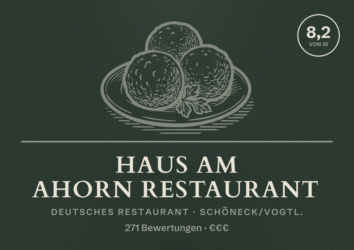 Illustriertes Poster von Haus am Ahorn Restaurant, Deutsches Restaurant in Schöneck/Vogtl.: Bewertung 8,2 von 10 aus 271 Bewertungen, Preisniveau €€€
