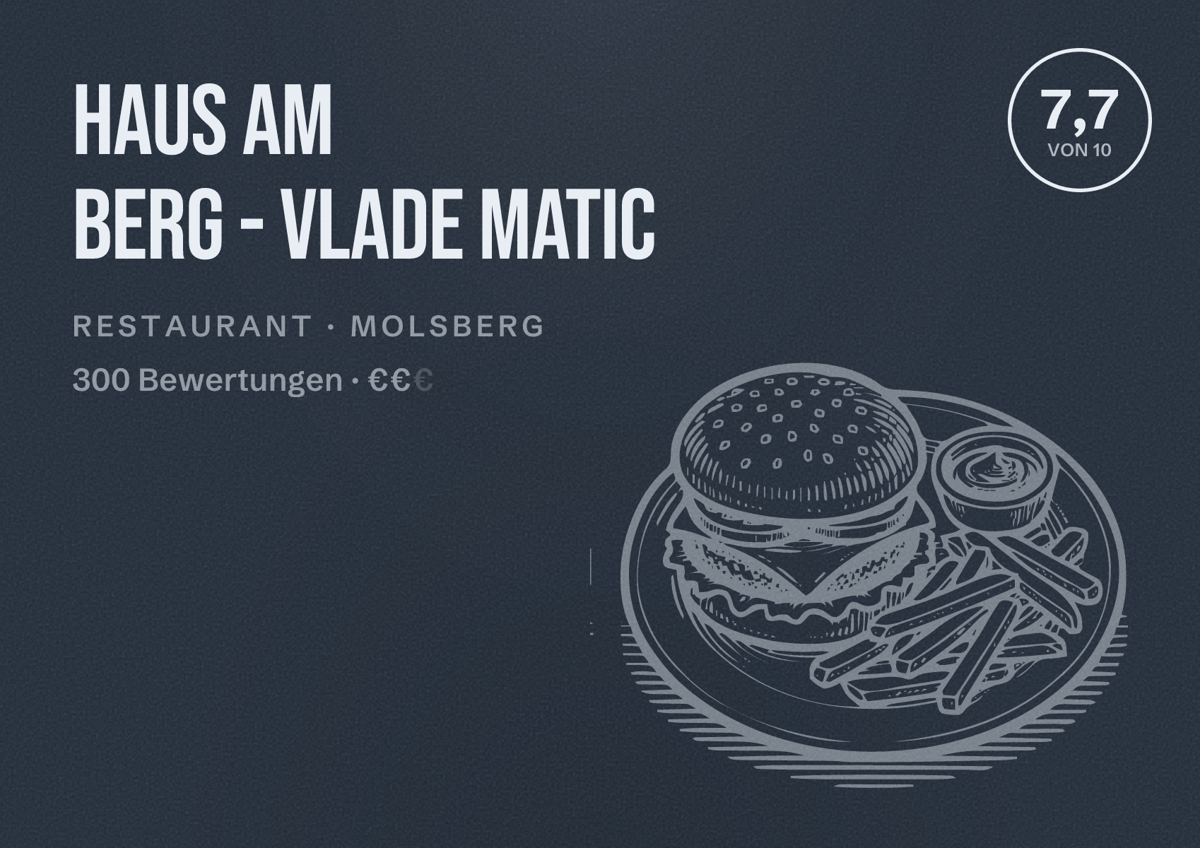 Illustriertes Poster von Haus am Berg - Vlade Matic, Restaurant in Molsberg: Bewertung 7,7 von 10 aus 300 Bewertungen, Preisniveau €€