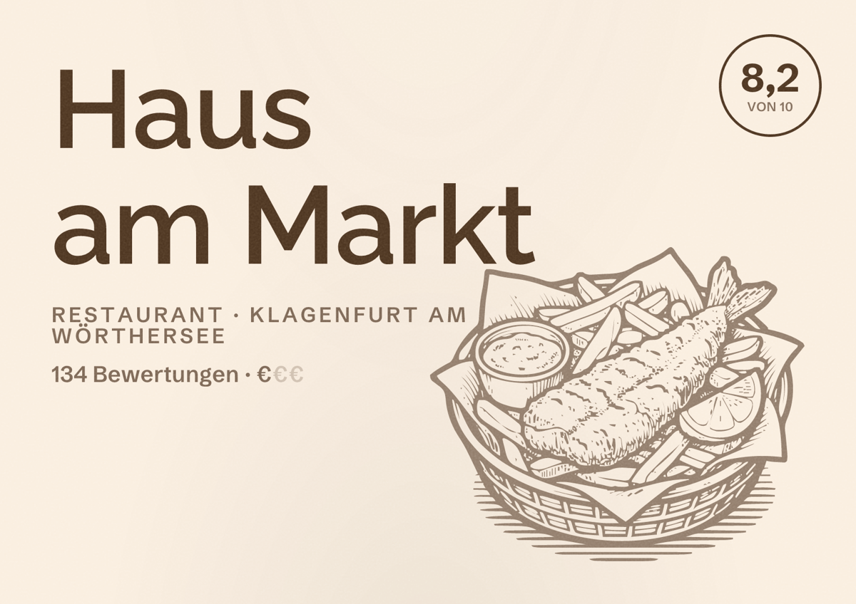 Illustriertes Poster von Haus am Markt, Restaurant in Klagenfurt am Wörthersee: Bewertung 8,2 von 10 aus 134 Bewertungen, Preisniveau €