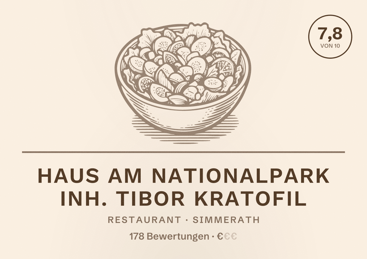 Illustriertes Poster von Haus am Nationalpark Inh. Tibor Kratofil, Restaurant in Simmerath: Bewertung 7,8 von 10 aus 178 Bewertungen, Preisniveau €