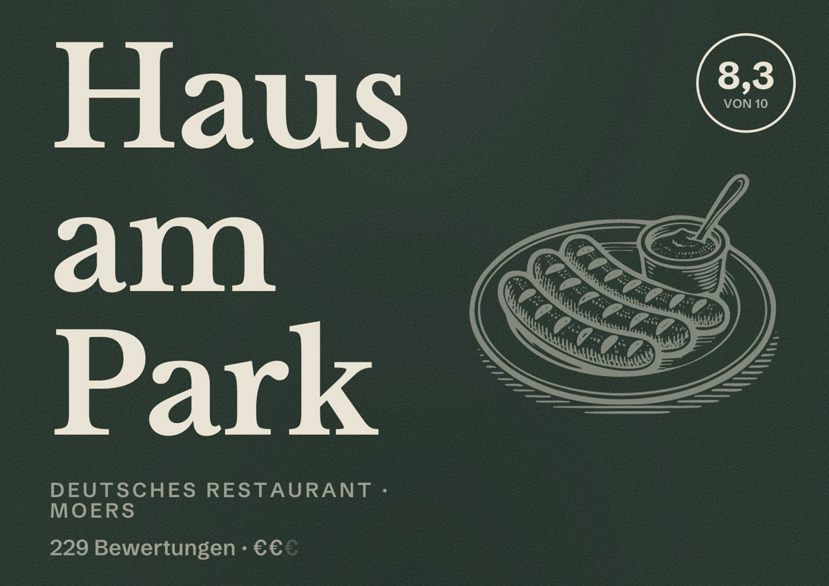 Illustriertes Poster von Haus am Park, Deutsches Restaurant in Moers: Bewertung 8,3 von 10 aus 229 Bewertungen, Preisniveau €€