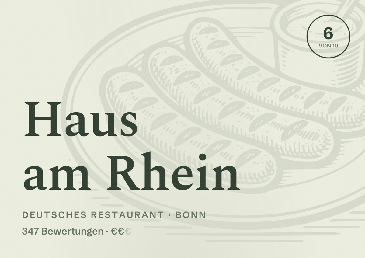 Illustriertes Poster von Haus am Rhein, Deutsches Restaurant in Bonn: Bewertung 6 von 10 aus 347 Bewertungen, Preisniveau €€