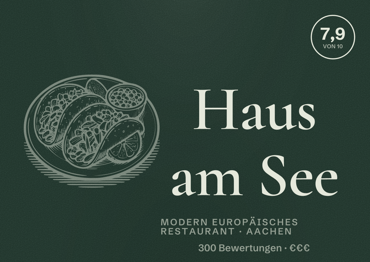 Illustriertes Poster von Haus am See, Modern europäisches Restaurant in Aachen: Bewertung 7,9 von 10 aus 300 Bewertungen, Preisniveau €€€