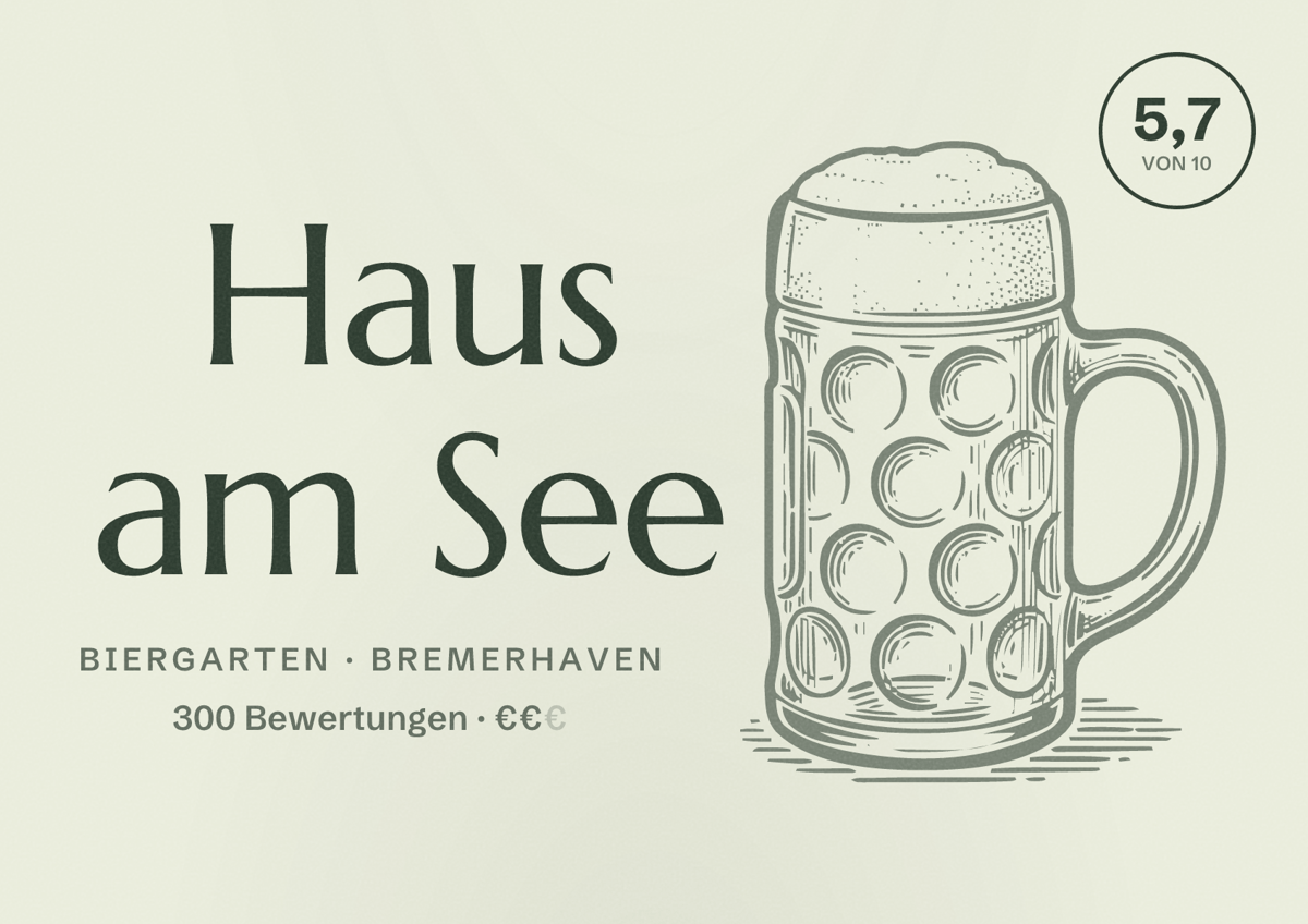 Illustriertes Poster von Haus am See, Biergarten in Bremerhaven: Bewertung 5,7 von 10 aus 300 Bewertungen, Preisniveau €€