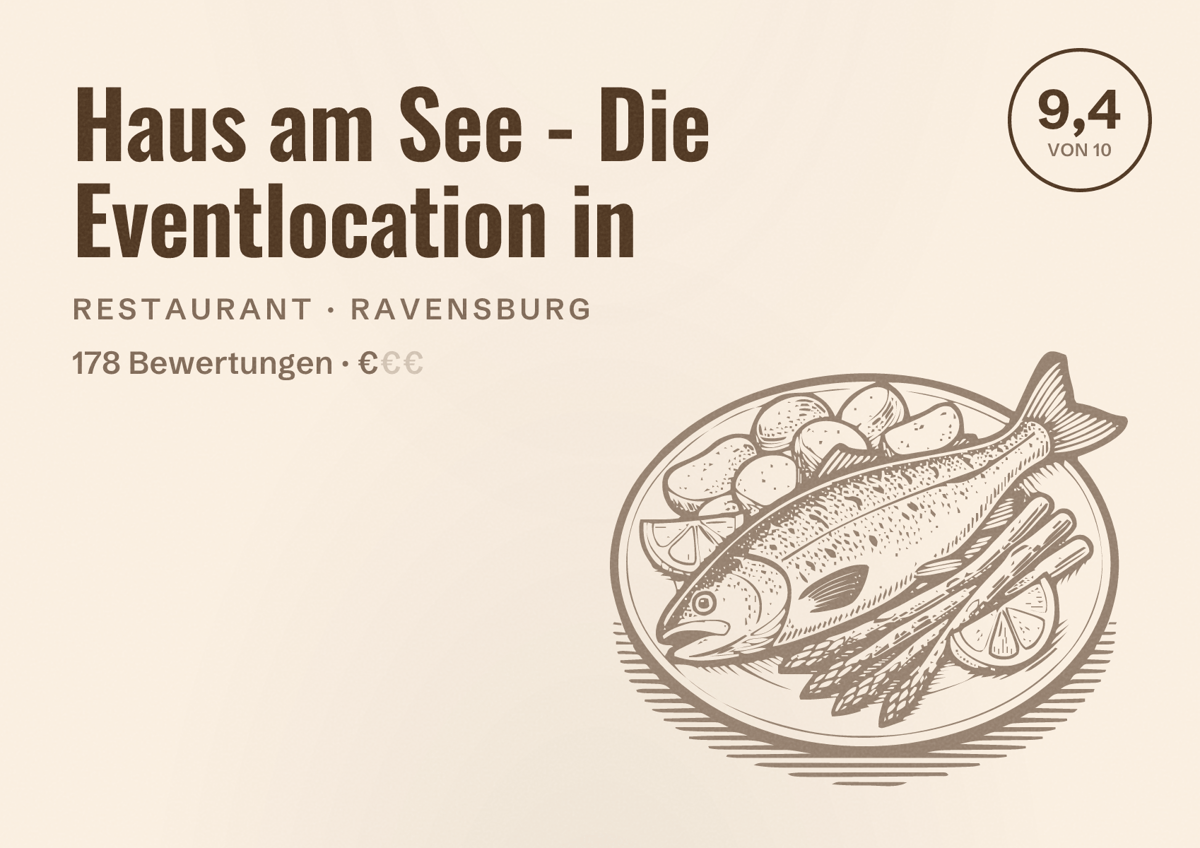 Illustriertes Poster von Haus am See - Die Eventlocation in, Restaurant in Ravensburg: Bewertung 9,4 von 10 aus 178 Bewertungen, Preisniveau €