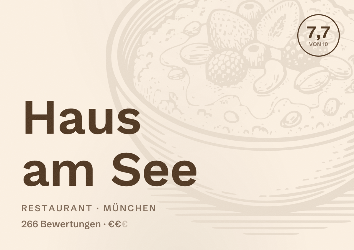 Illustriertes Poster von Haus am See, Restaurant in München: Bewertung 7,7 von 10 aus 266 Bewertungen, Preisniveau €€