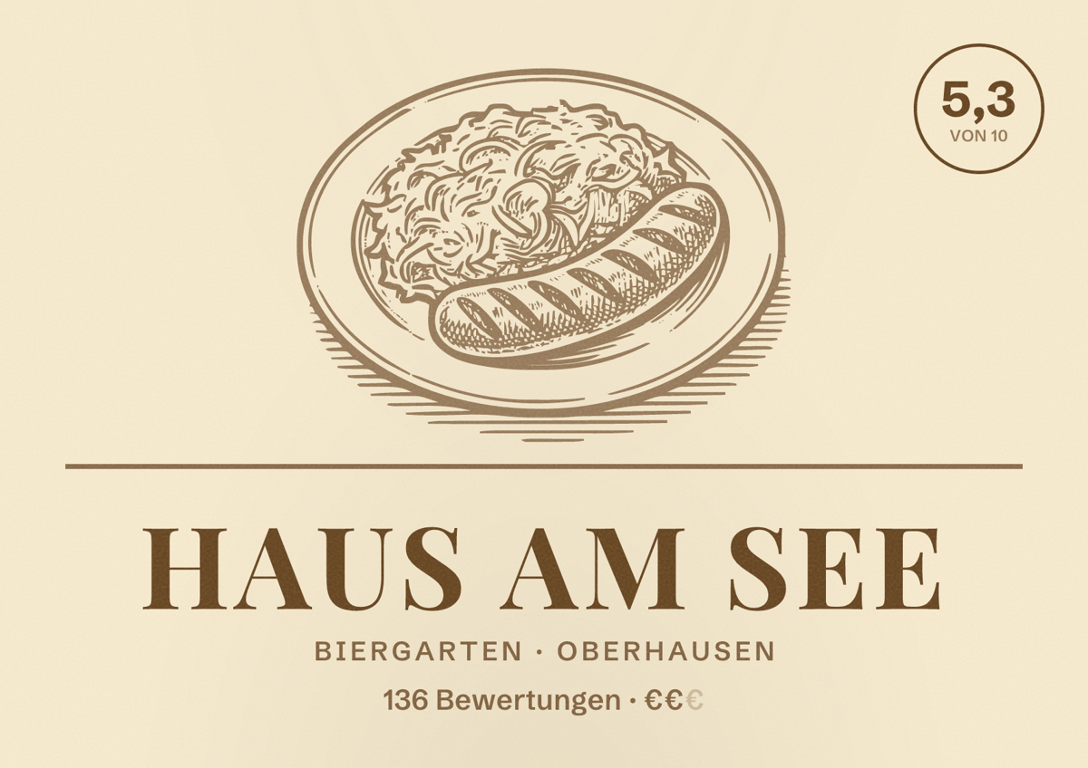 Illustriertes Poster von Haus am See, Biergarten in Oberhausen: Bewertung 5,3 von 10 aus 136 Bewertungen, Preisniveau €€