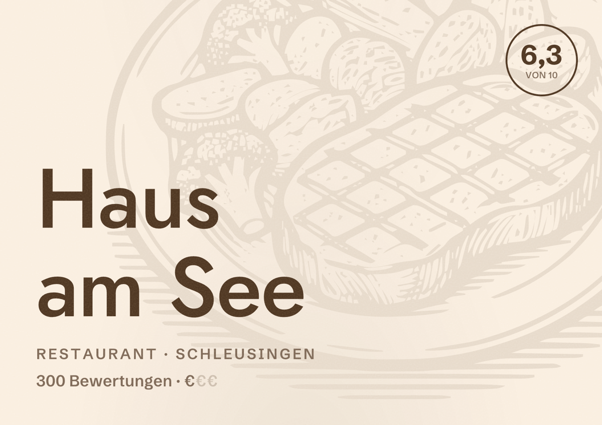Illustriertes Poster von Haus am See, Restaurant in Schleusingen: Bewertung 6,3 von 10 aus 300 Bewertungen, Preisniveau €