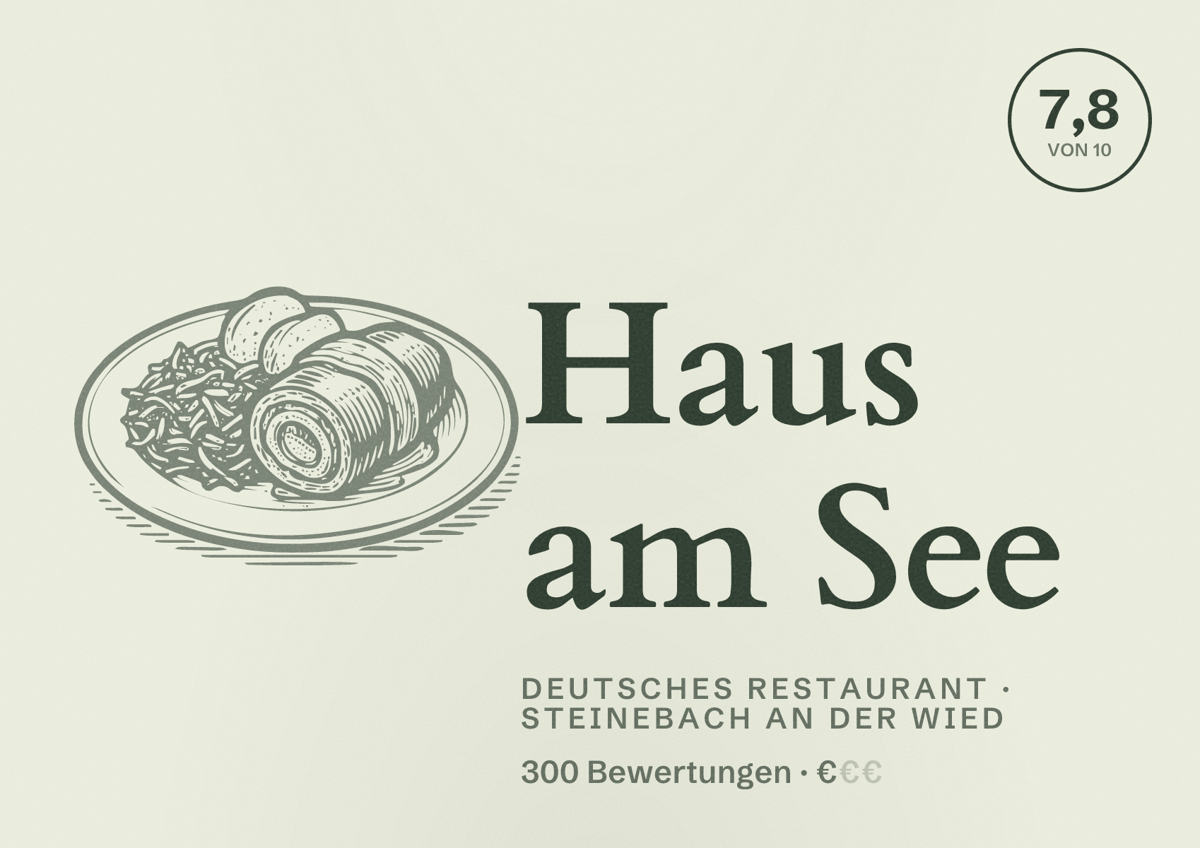 Illustriertes Poster von Haus am See, Deutsches Restaurant in Steinebach an der Wied: Bewertung 7,8 von 10 aus 300 Bewertungen, Preisniveau €