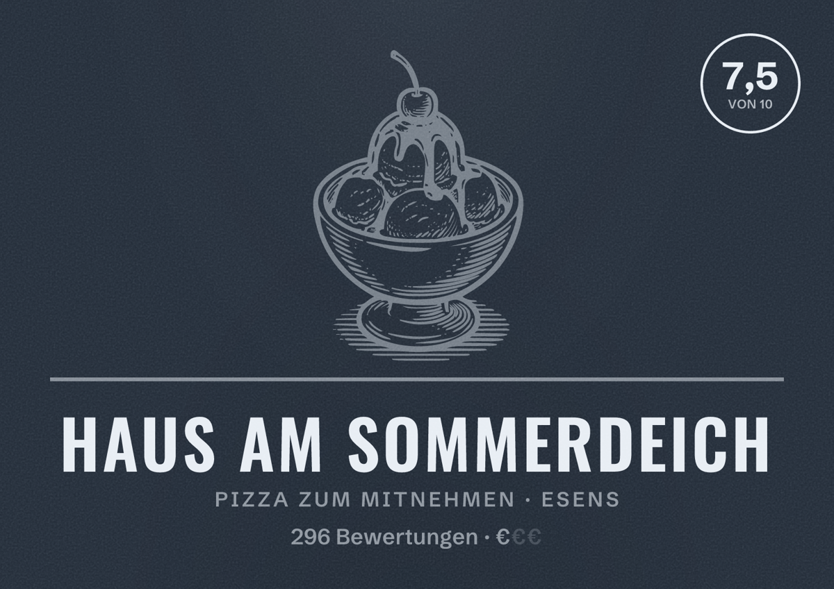 Illustriertes Poster von Haus am Sommerdeich, Pizza zum Mitnehmen in Esens: Bewertung 7,5 von 10 aus 296 Bewertungen, Preisniveau €