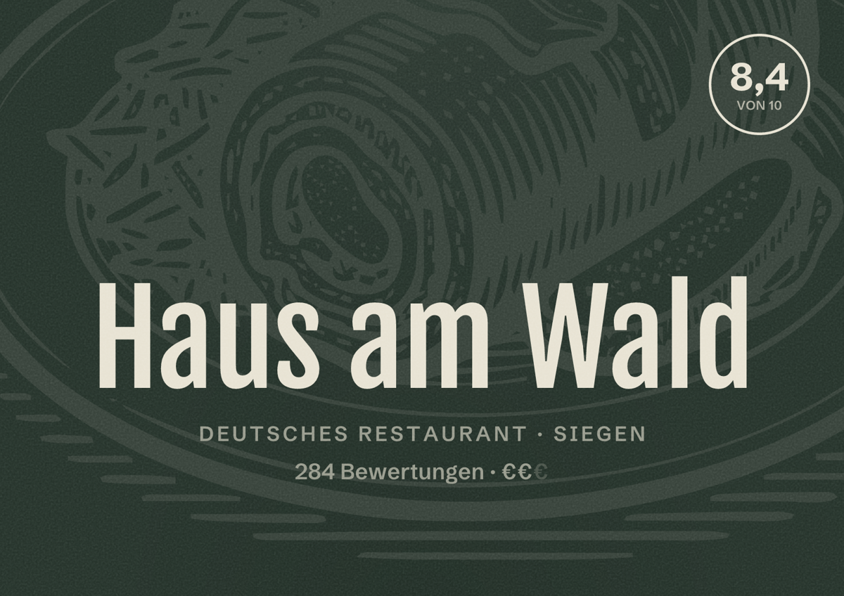 Illustriertes Poster von Haus am Wald, Deutsches Restaurant in Siegen: Bewertung 8,4 von 10 aus 284 Bewertungen, Preisniveau €€