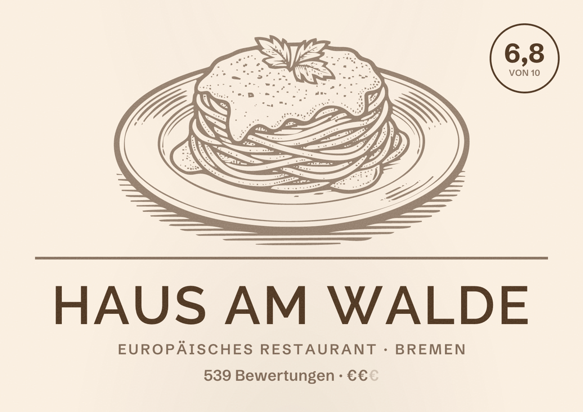 Illustriertes Poster von Haus am Walde, Europäisches Restaurant in Bremen: Bewertung 6,8 von 10 aus 539 Bewertungen, Preisniveau €€